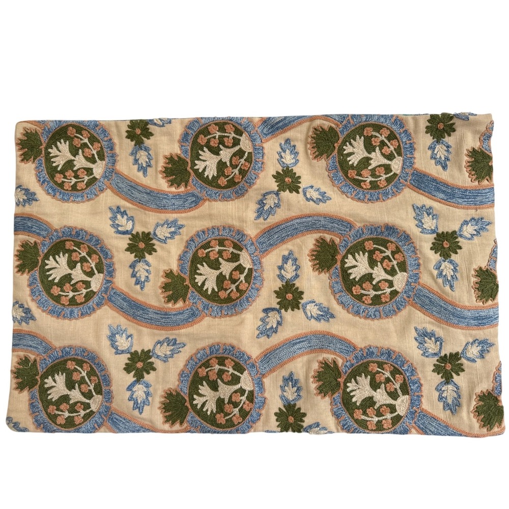 Pottery Barn Ikat Embroidered Lumbar Pillow Cover 14x22 Green Beige Floral Boho